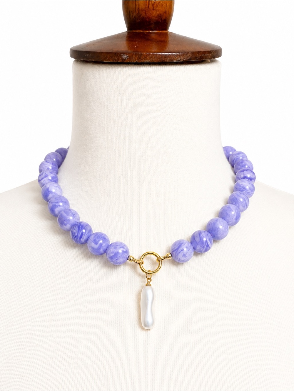 Handmade Glass Rainbow Stone Lavender Beaded Necklace Pearl Pendant New!
